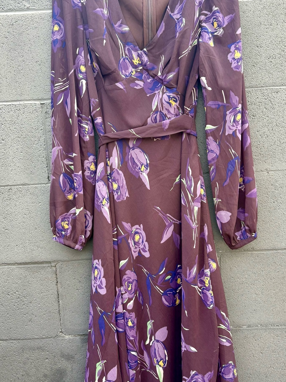 Ralph Lauren Plum Floral Midi Dress with Long Sleeves